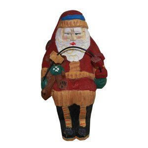 Wood Carved Santa Shelf Sitter Christmas Decor Rustic Teddy Bear Beads Old World